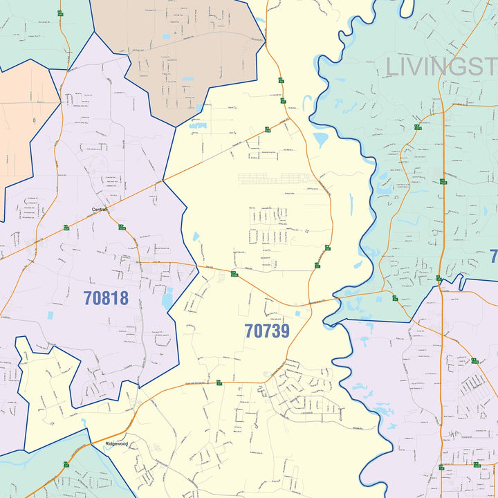 Color Cast Zip Code Style Wall Map of Baton Rouge, LA – American Map Store