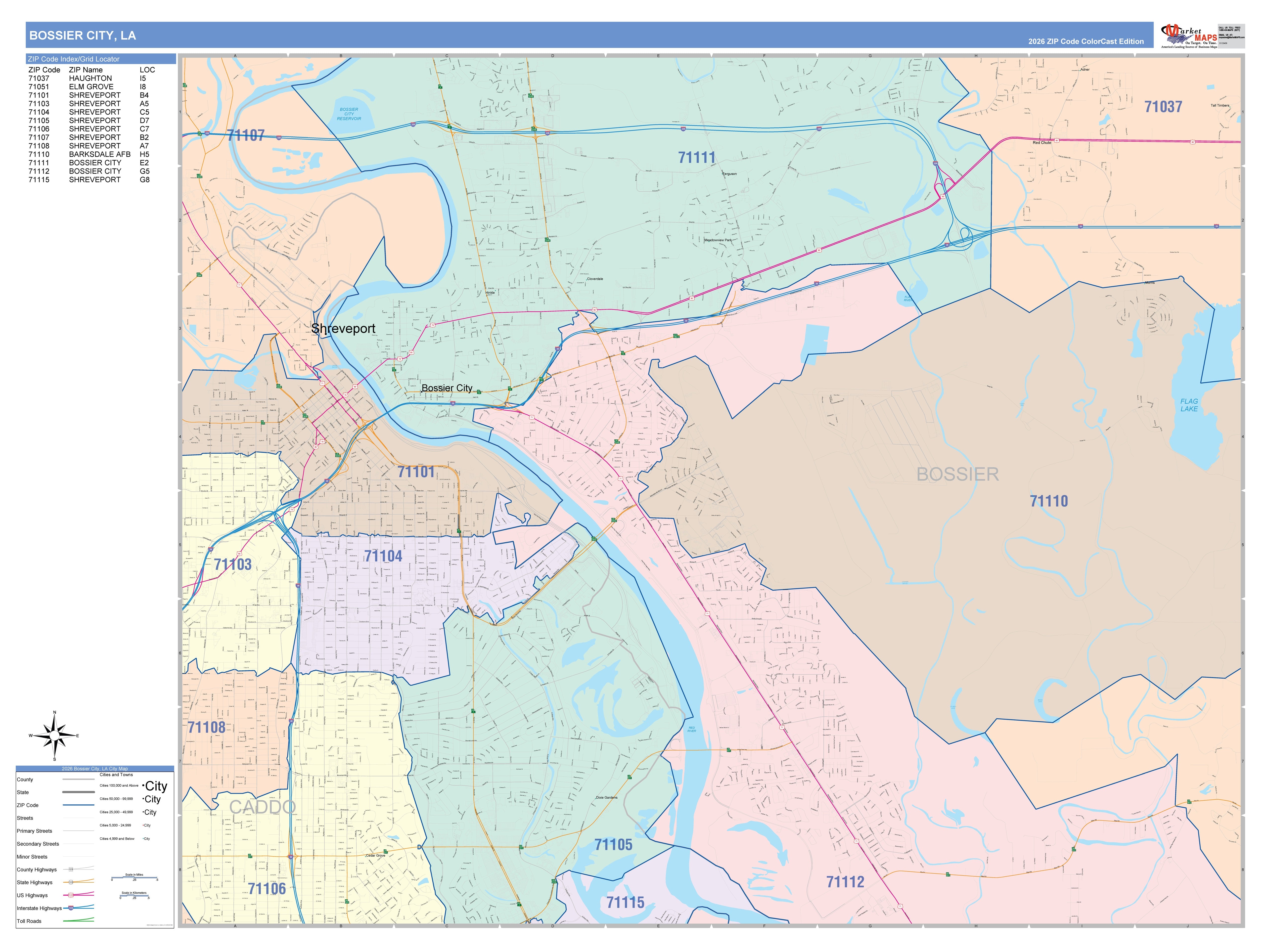 Color Cast Zip Code Style Wall Map of Bossier City, LA – American