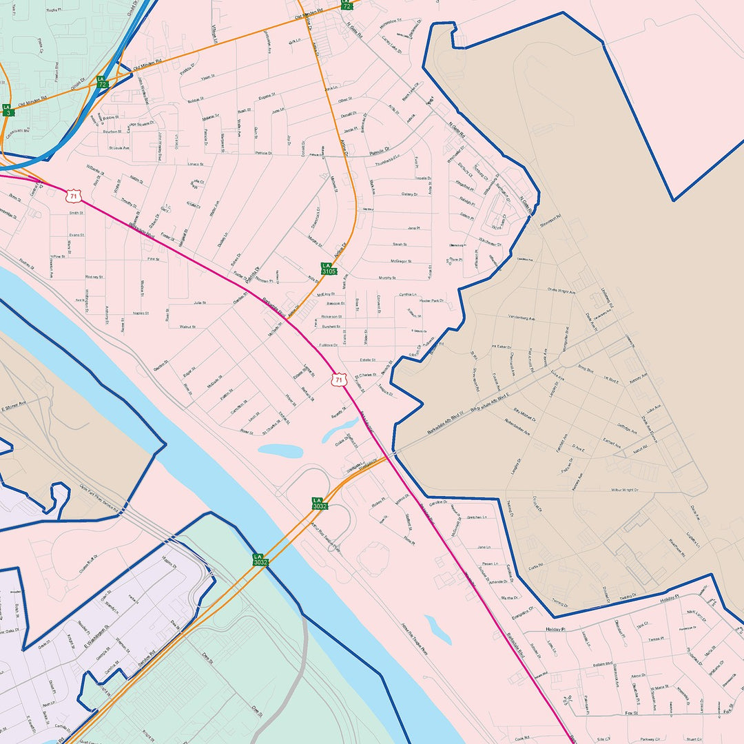 Color Cast Zip Code Style Wall Map of Bossier City, LA