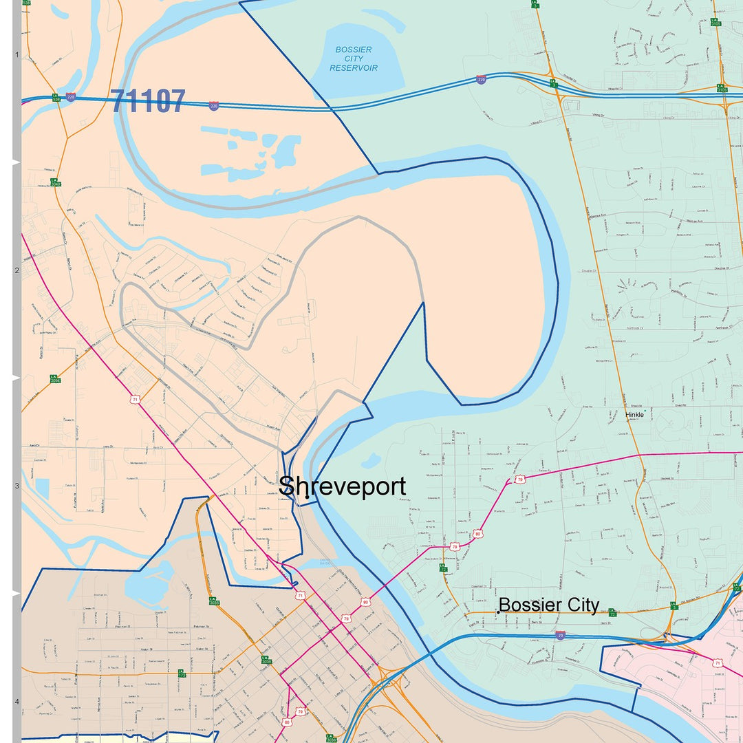 Color Cast Zip Code Style Wall Map of Bossier City, LA