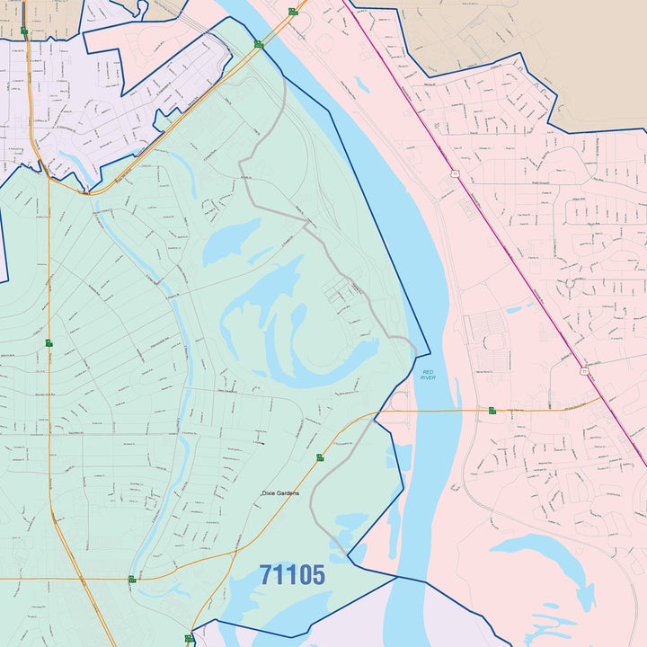 Color Cast Zip Code Style Wall Map of Bossier City, LA