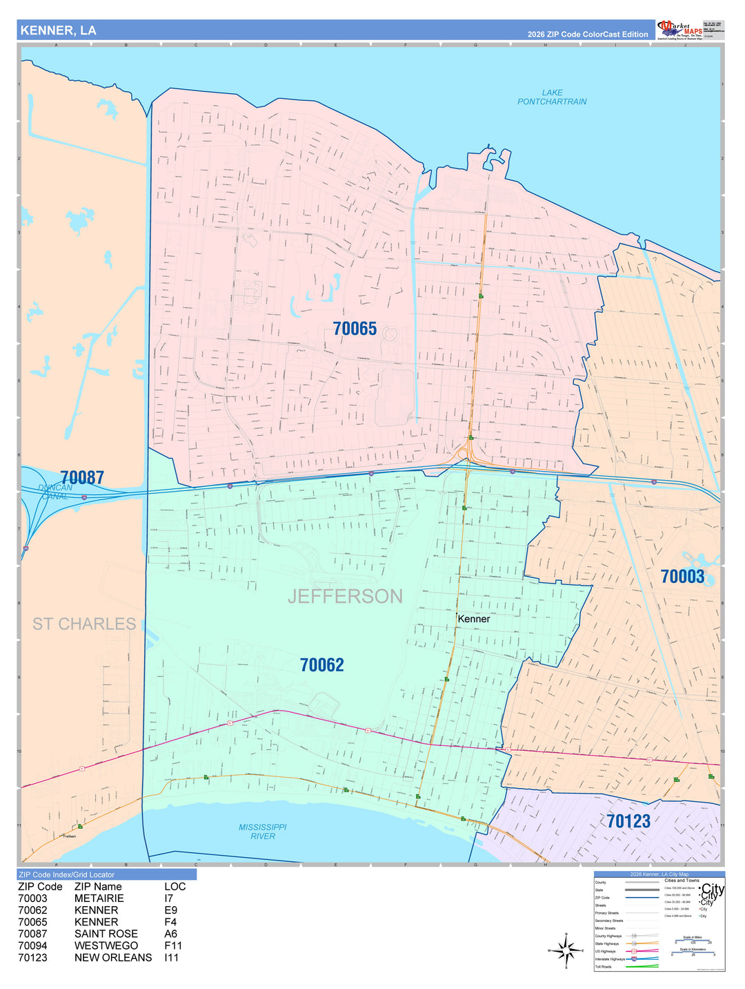 Color Cast Zip Code Style Wall Map of Kenner, LA
