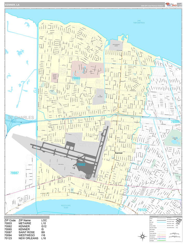 Premium Style Wall Map of Kenner, LA