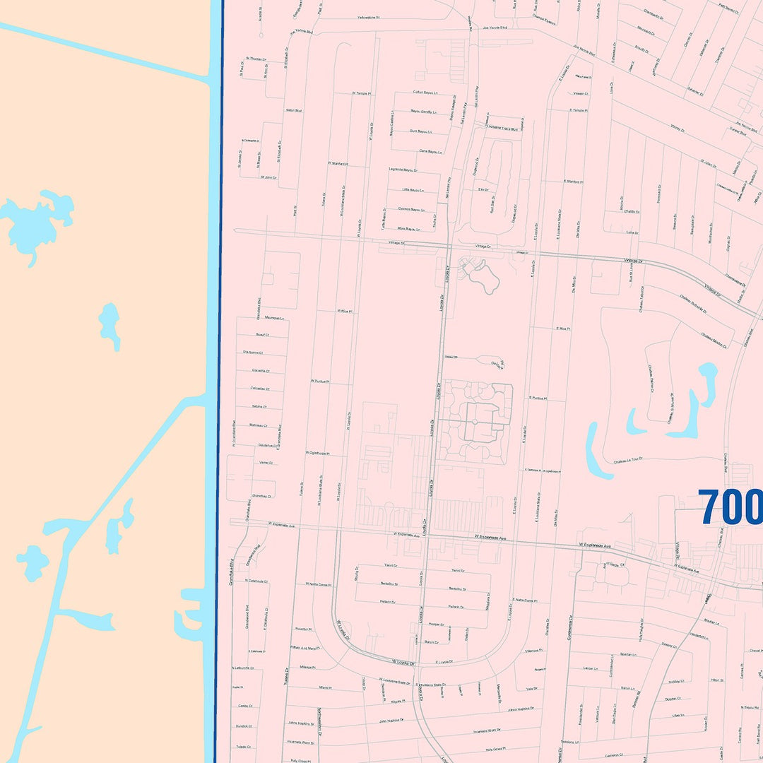 Color Cast Zip Code Style Wall Map of Kenner, LA