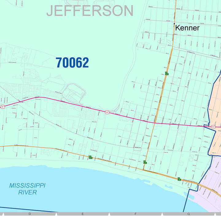 Color Cast Zip Code Style Wall Map of Kenner, LA