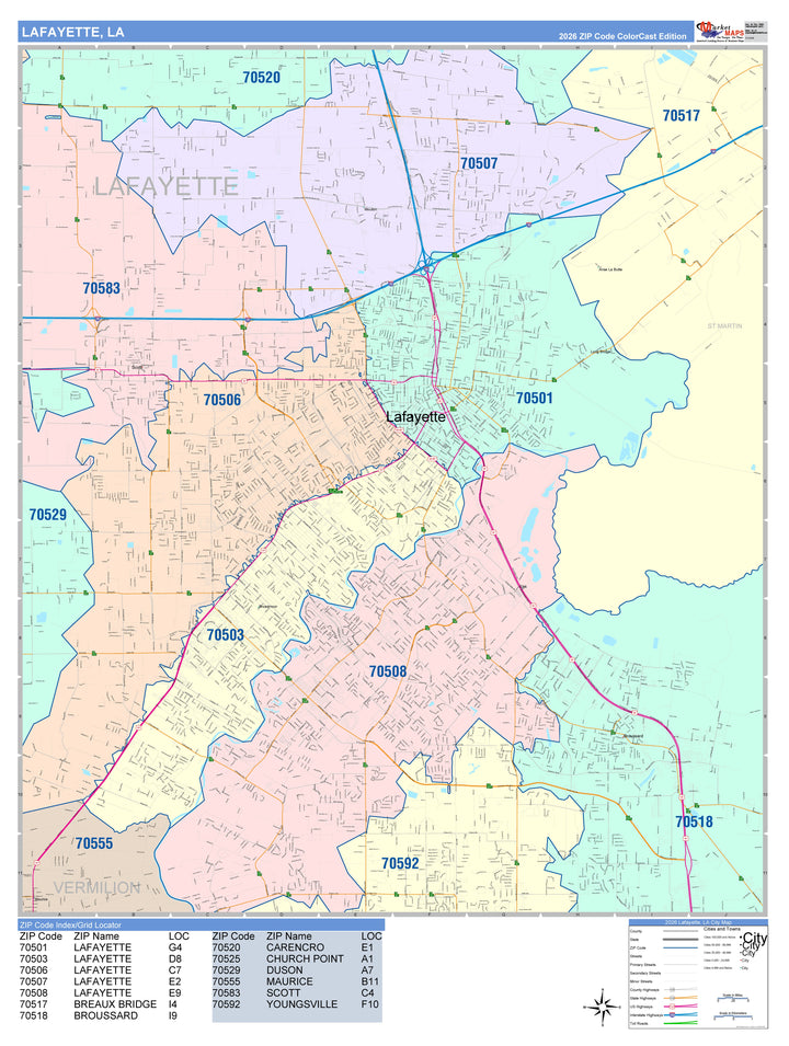 Color Cast Zip Code Style Wall Map of Lafayette, LA