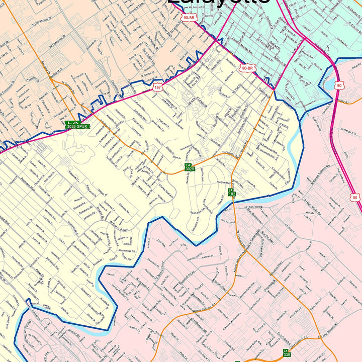 Color Cast Zip Code Style Wall Map of Lafayette, LA