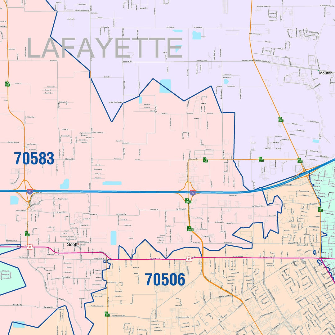 Color Cast Zip Code Style Wall Map of Lafayette, LA