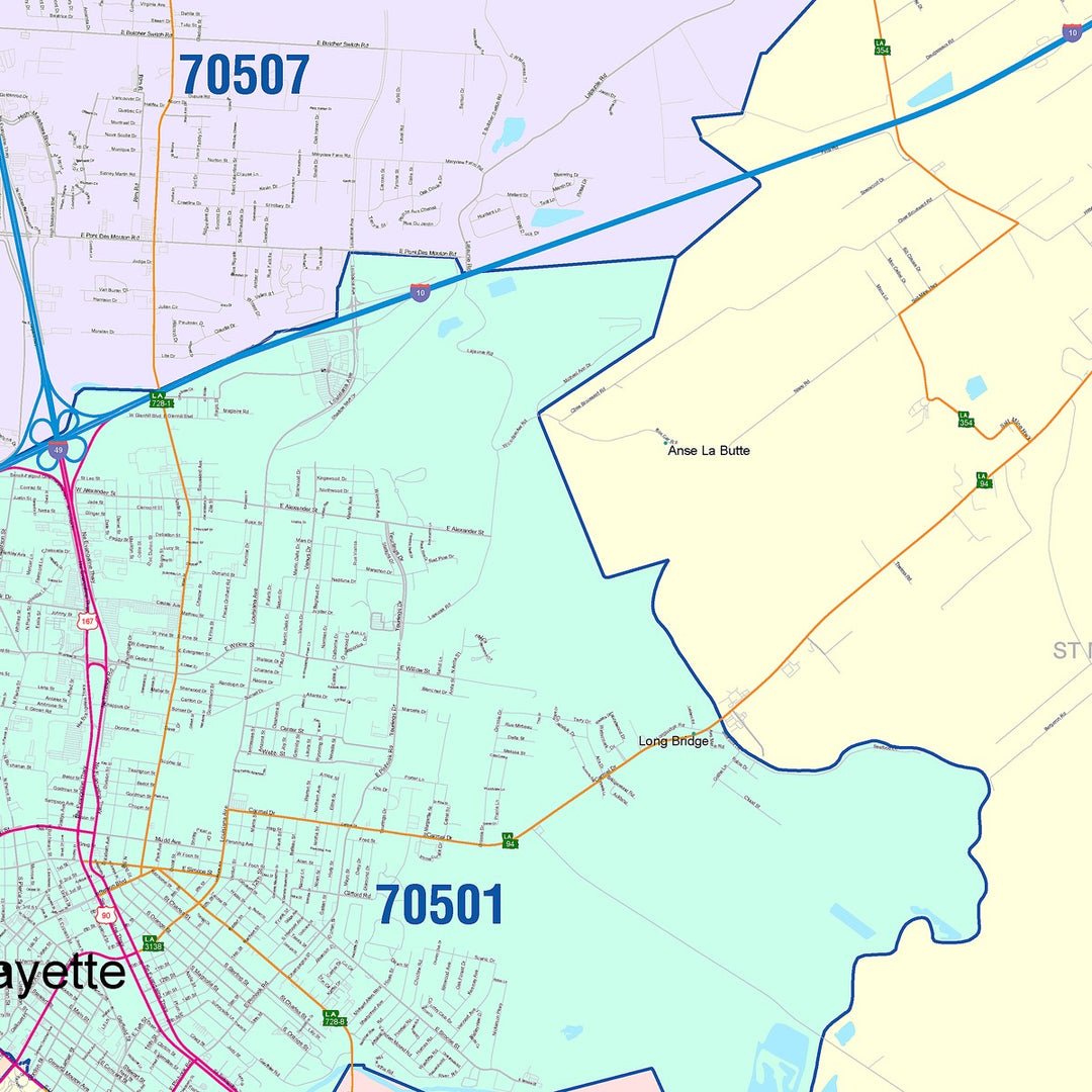 Color Cast Zip Code Style Wall Map of Lafayette, LA