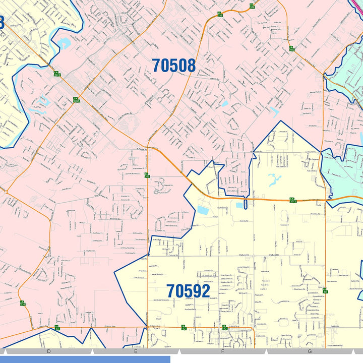 Color Cast Zip Code Style Wall Map of Lafayette, LA