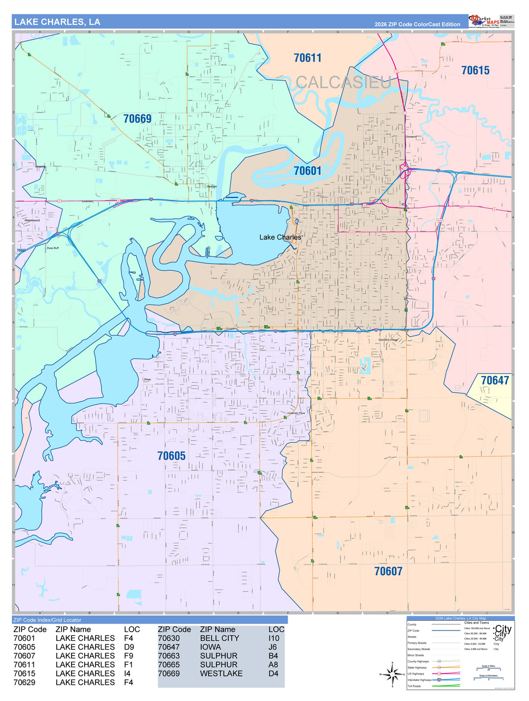 Color Cast Zip Code Style Wall Map of Lake Charles, LA