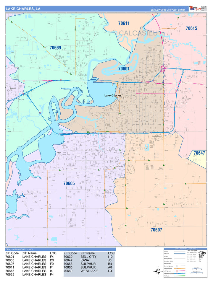 Color Cast Zip Code Style Wall Map of Lake Charles, LA