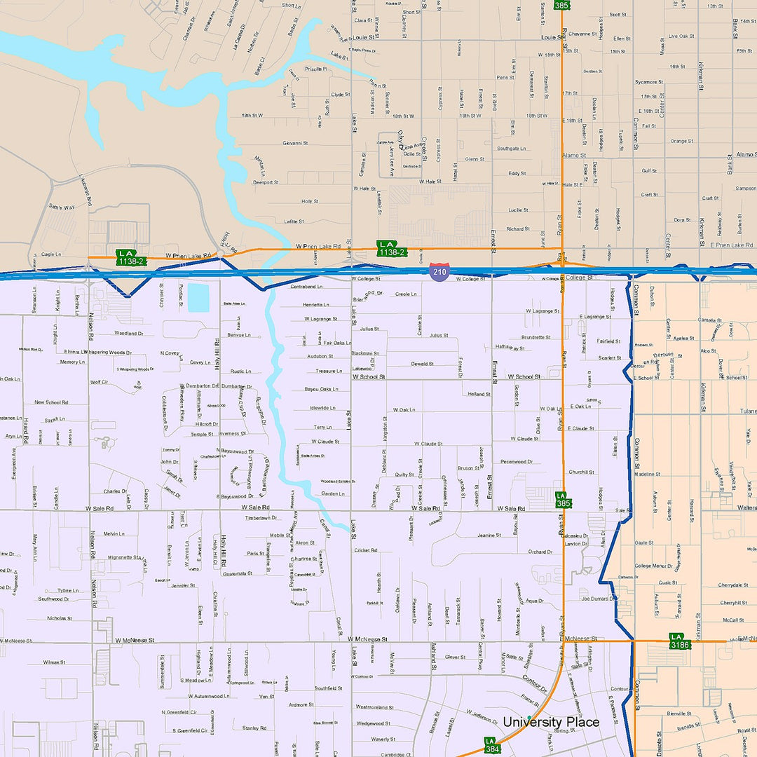 Color Cast Zip Code Style Wall Map of Lake Charles, LA
