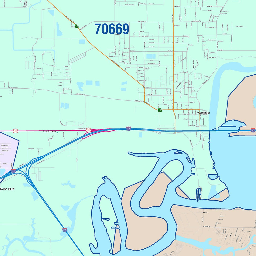Color Cast Zip Code Style Wall Map of Lake Charles, LA