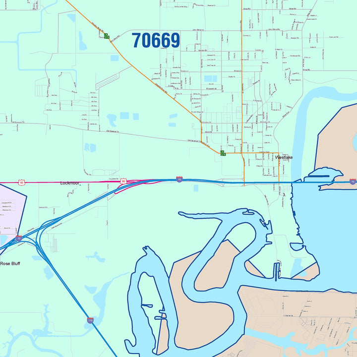 Color Cast Zip Code Style Wall Map of Lake Charles, LA