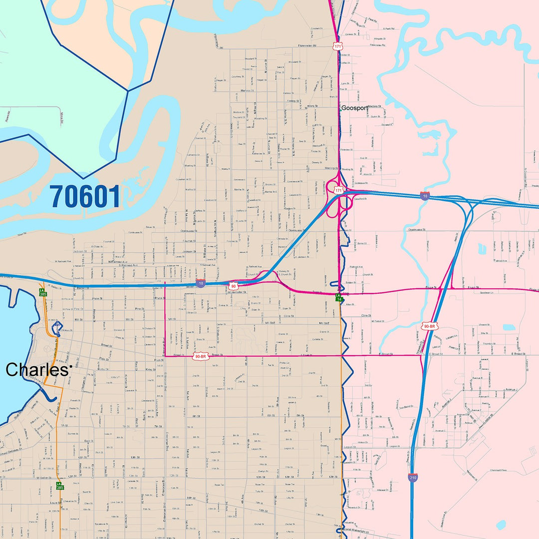 Color Cast Zip Code Style Wall Map of Lake Charles, LA