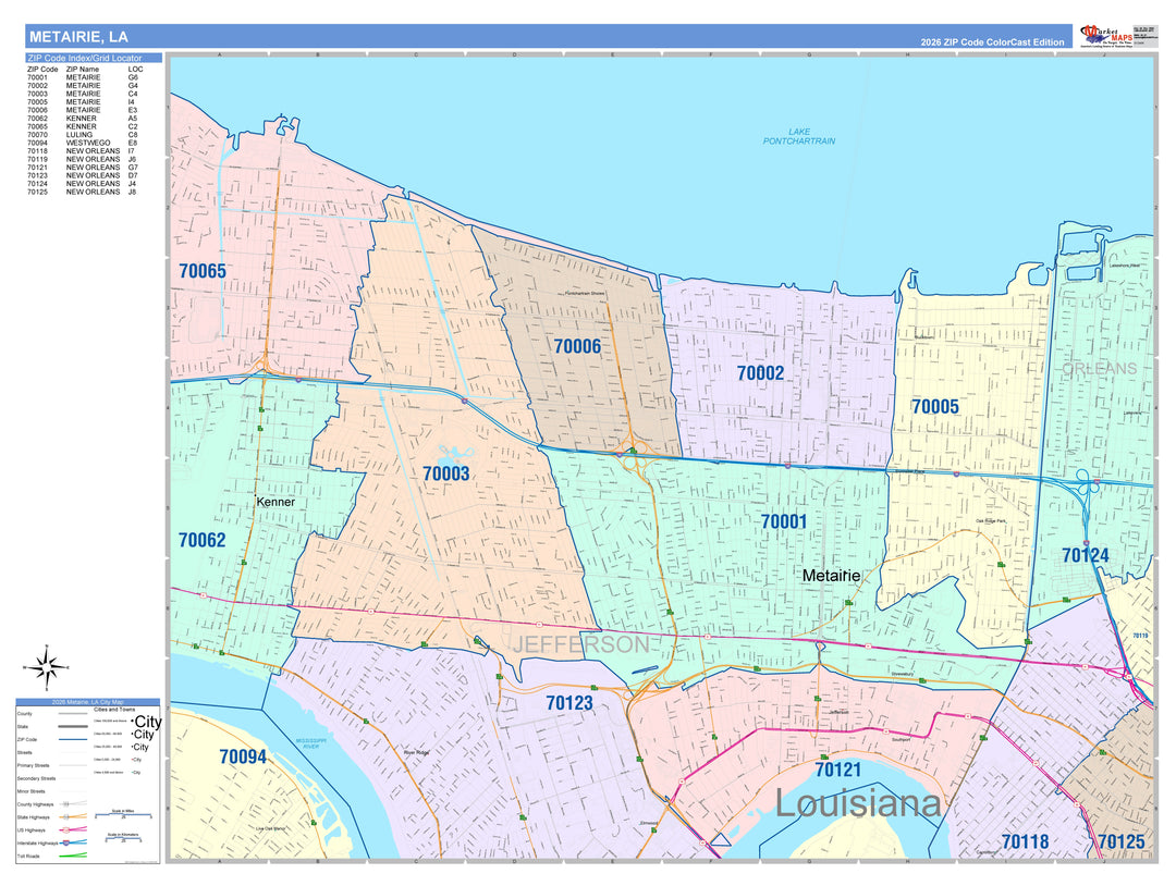 Color Cast Zip Code Style Wall Map of Metairie, LA