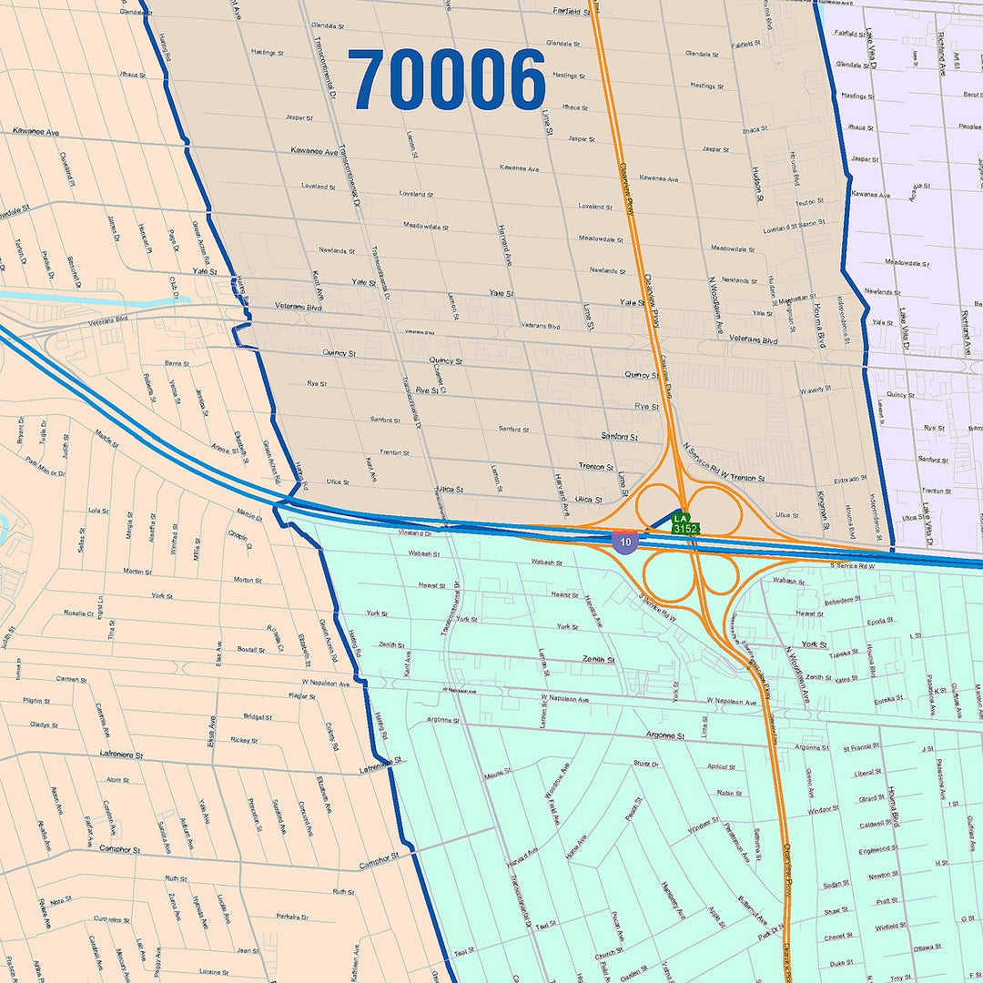 Color Cast Zip Code Style Wall Map of Metairie, LA