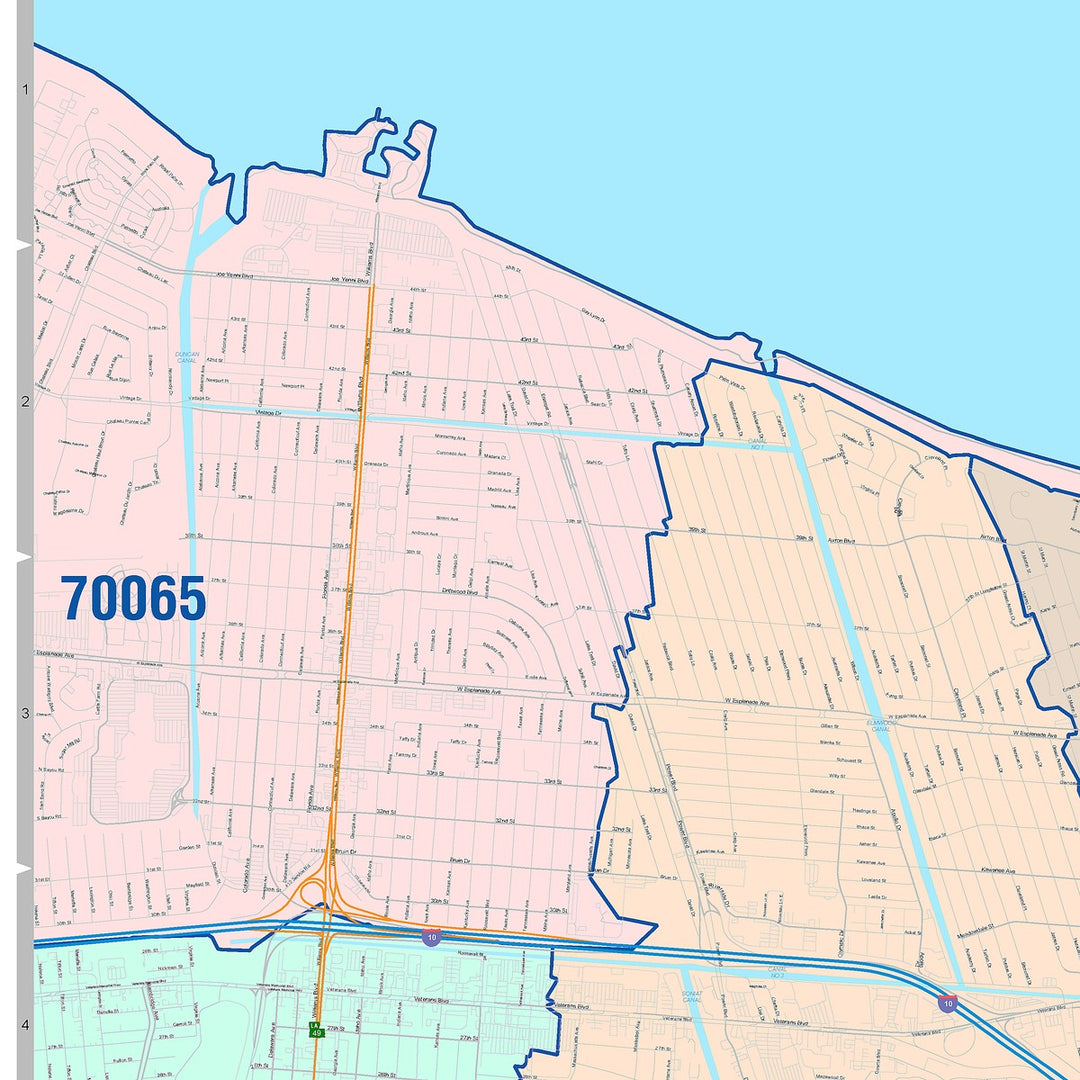 Color Cast Zip Code Style Wall Map of Metairie, LA