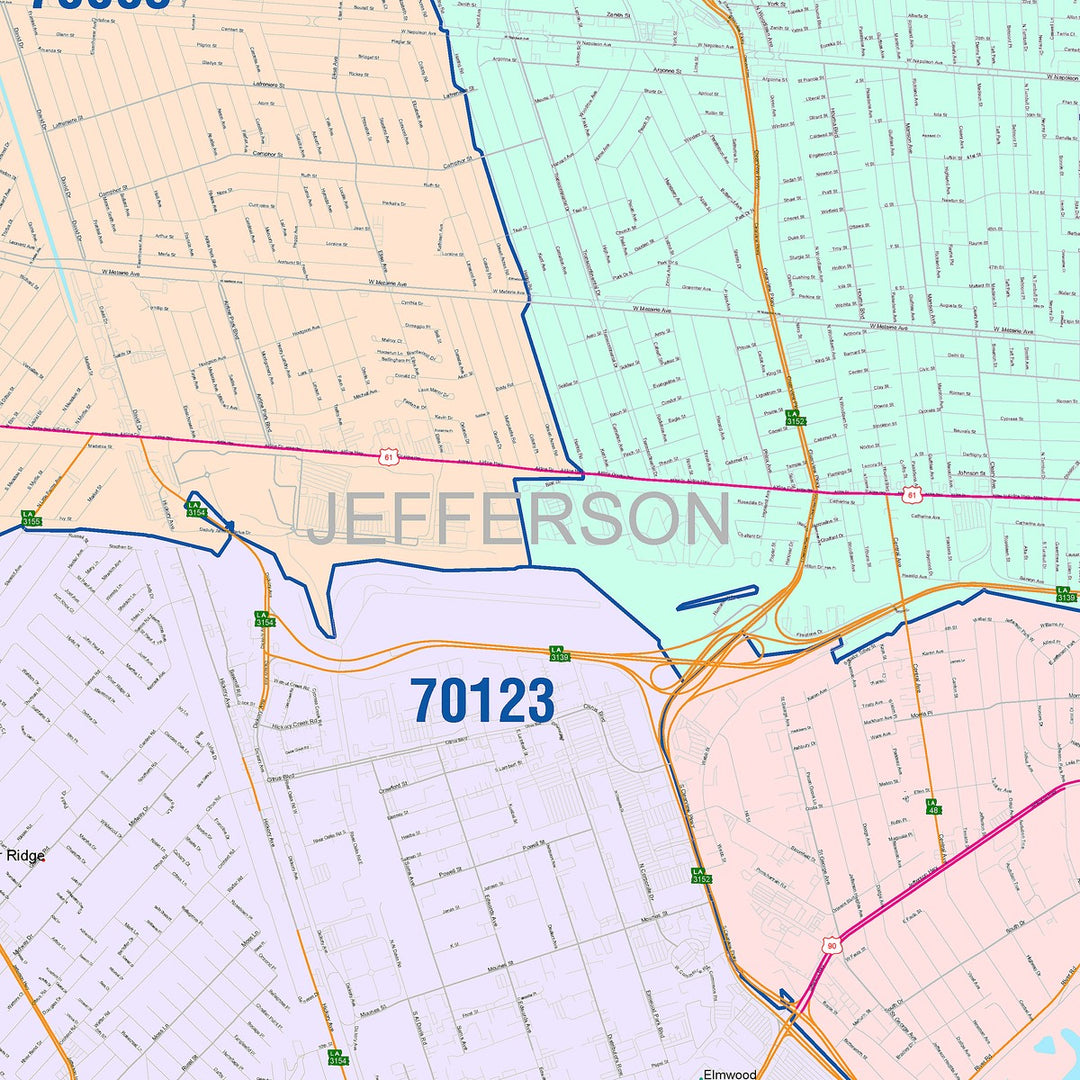 Color Cast Zip Code Style Wall Map of Metairie, LA