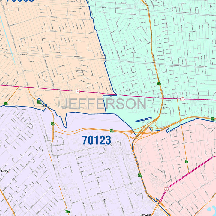 Color Cast Zip Code Style Wall Map of Metairie, LA