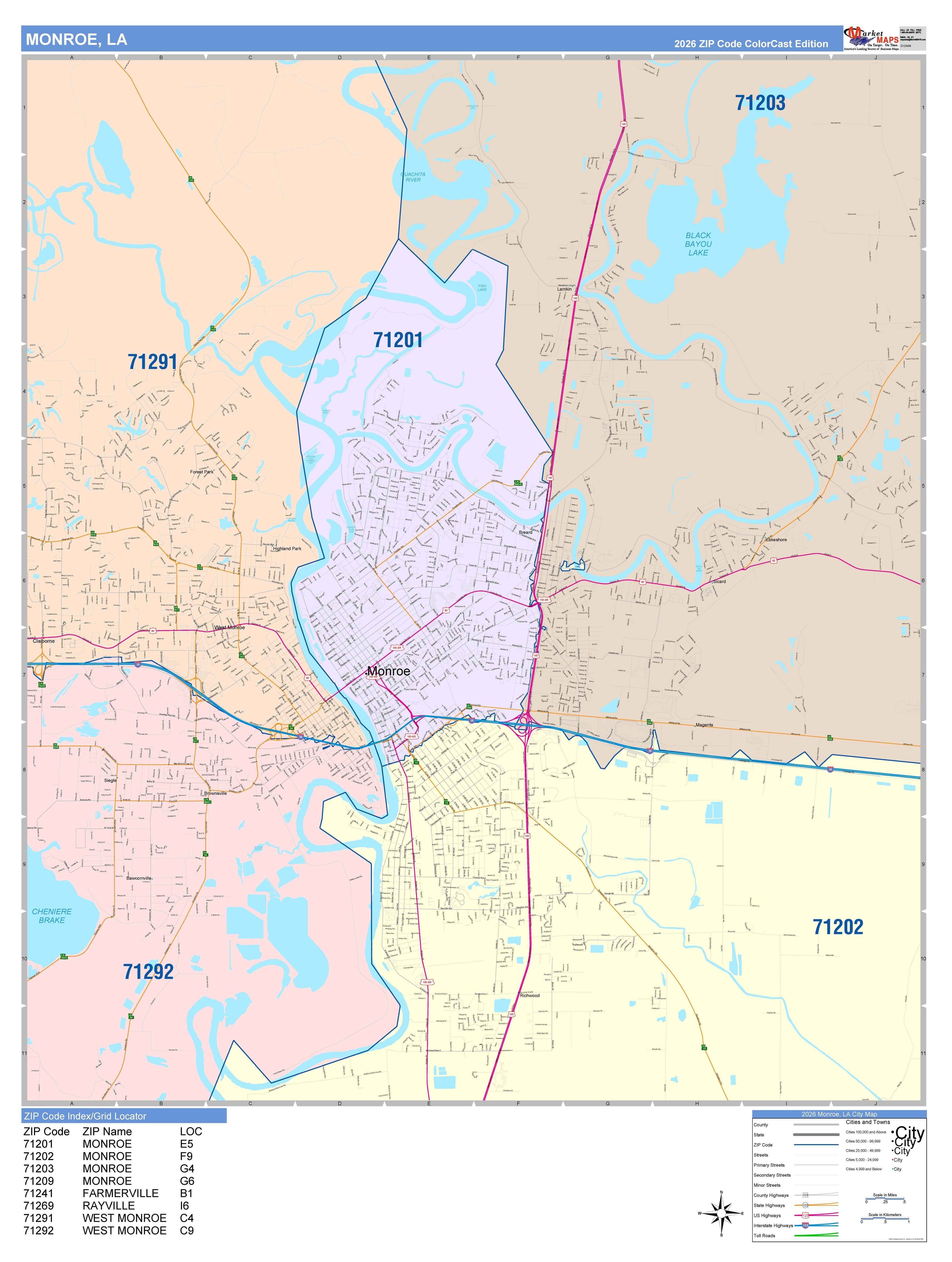 Color Cast Zip Code Style Wall Map of Monroe, LA – American Map Store