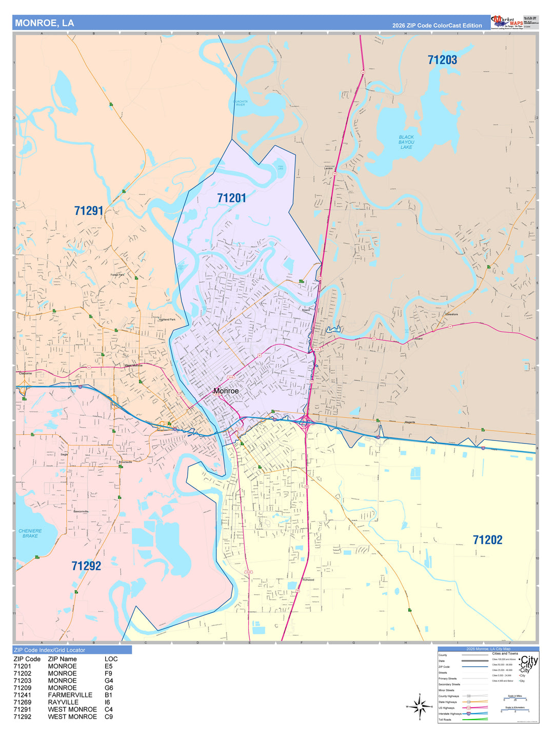 Color Cast Zip Code Style Wall Map of Monroe, LA