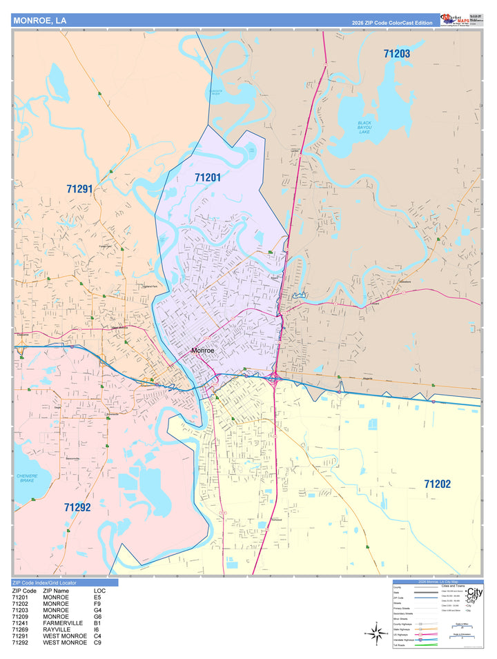 Color Cast Zip Code Style Wall Map of Monroe, LA