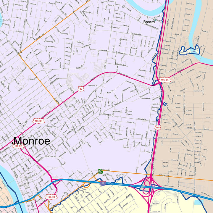 Color Cast Zip Code Style Wall Map of Monroe, LA