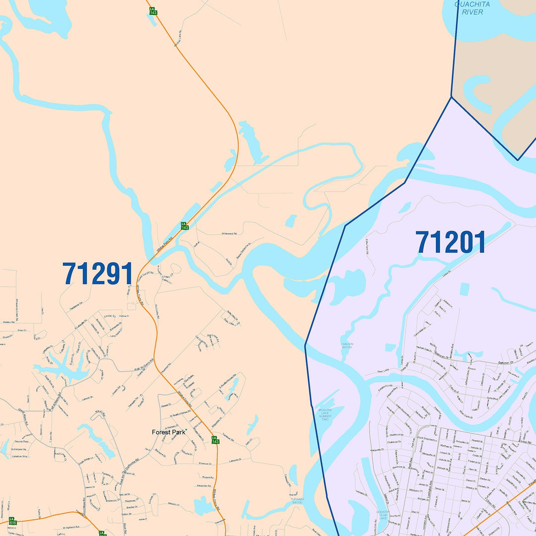 Color Cast Zip Code Style Wall Map of Monroe, LA