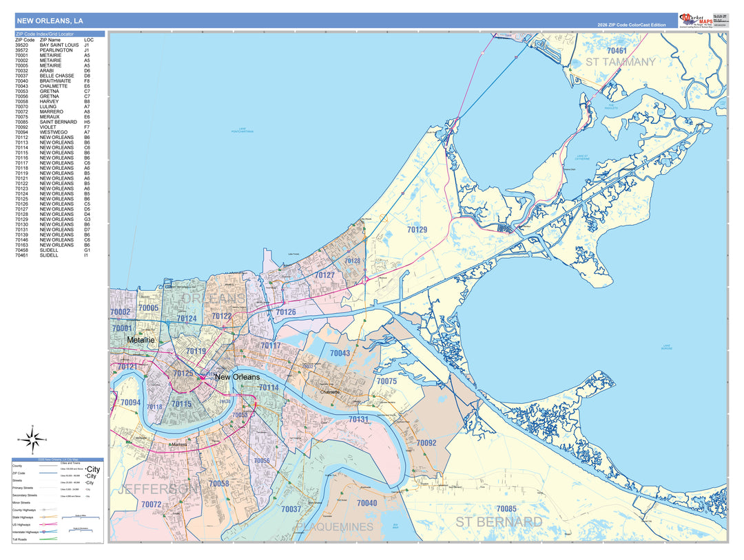 Colorcast Zip Code Style Wall Map of New Orleans LA