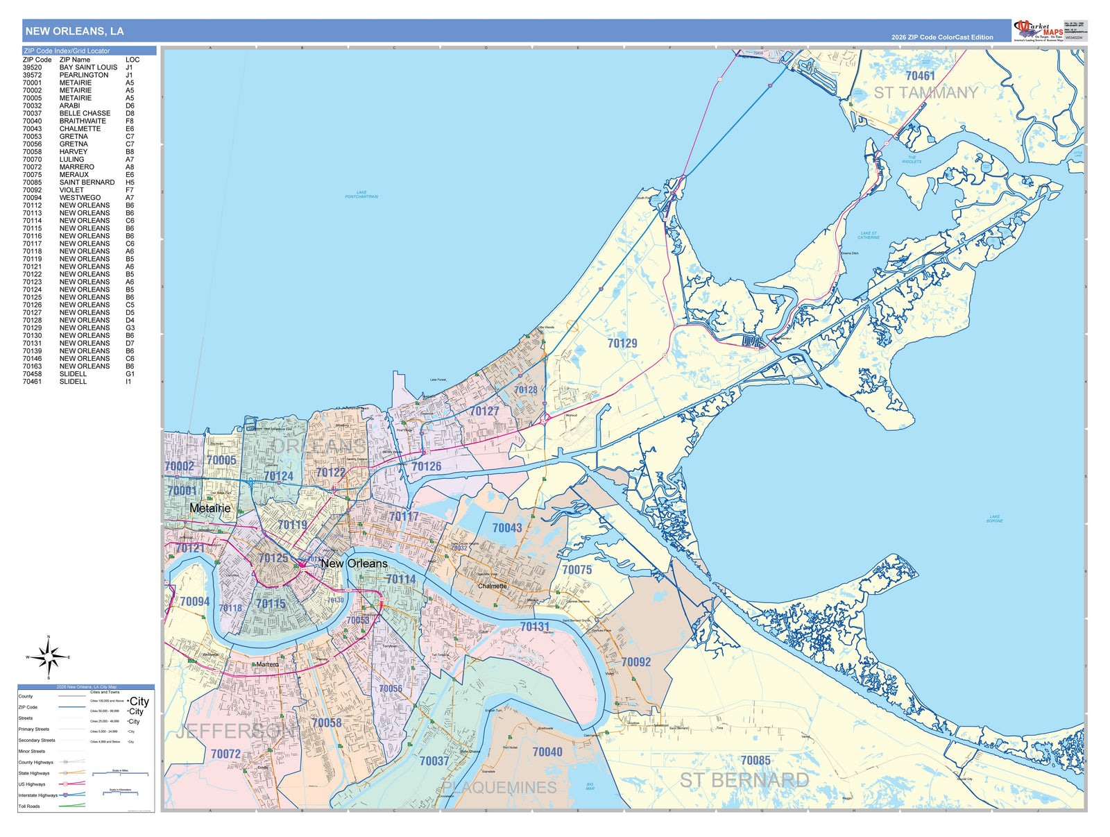 Colorcast Zip Code Style Wall Map of New Orleans LA