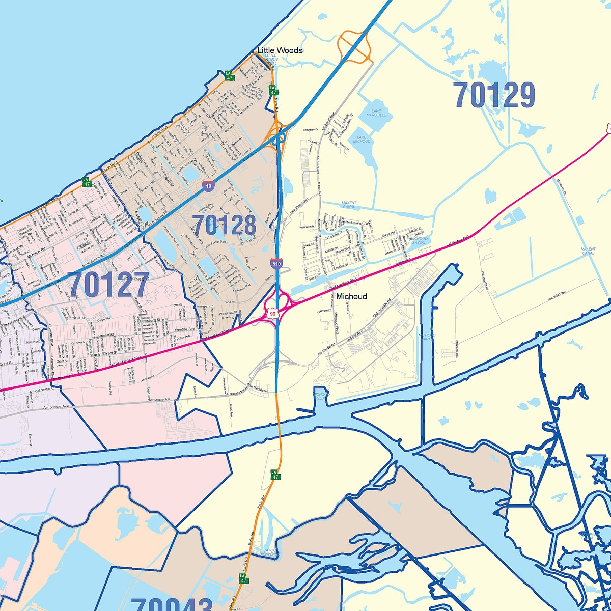 Colorcast Zip Code Style Wall Map of New Orleans, LA – American