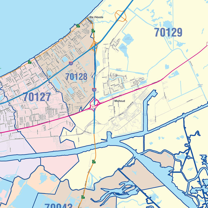 Colorcast Zip Code Style Wall Map of New Orleans LA