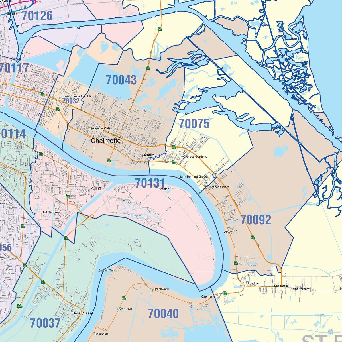 Colorcast Zip Code Style Wall Map of New Orleans, LA – American