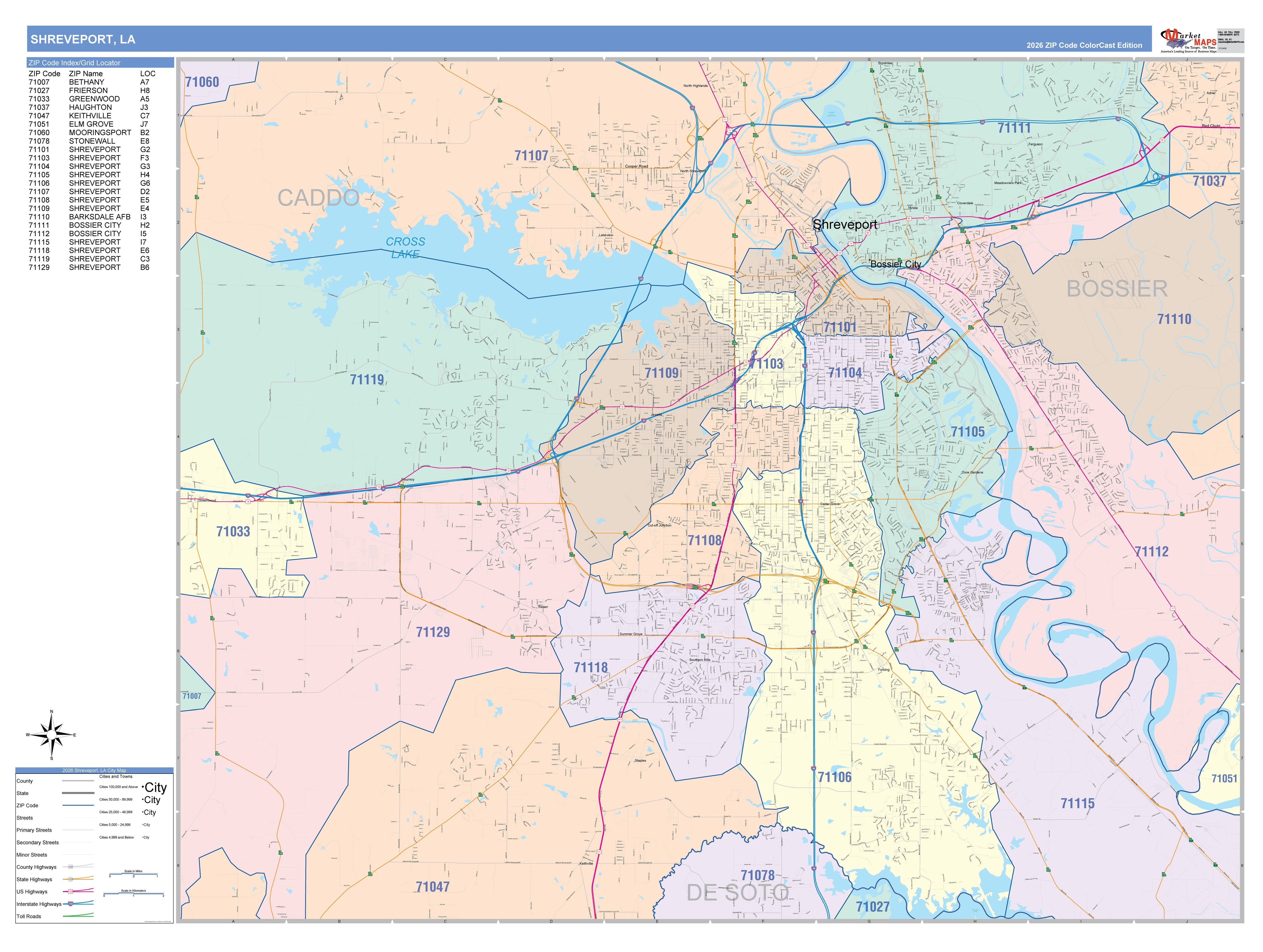 Color Cast Zip Code Style Wall Map of Shreveport, LA – American
