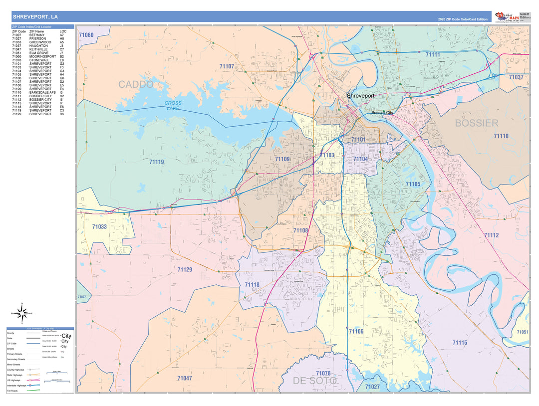 Color Cast Zip Code Style Wall Map of Shreveport, LA