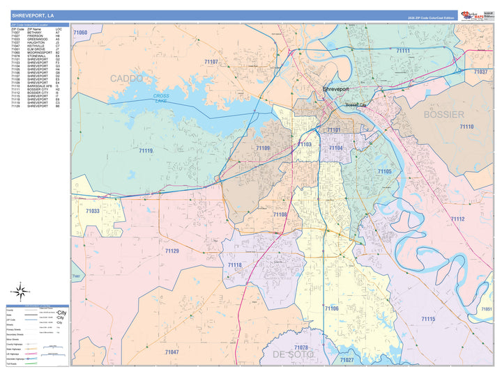 Color Cast Zip Code Style Wall Map of Shreveport, LA