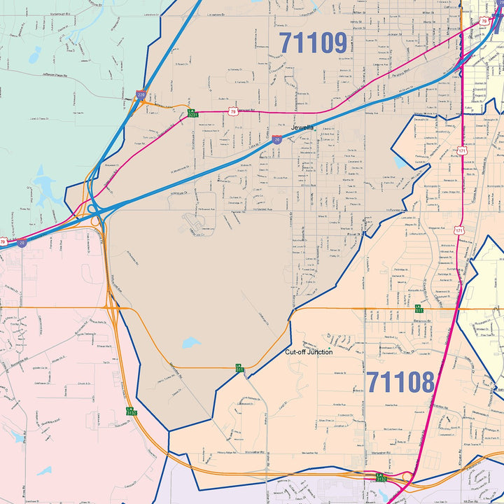 Color Cast Zip Code Style Wall Map of Shreveport, LA