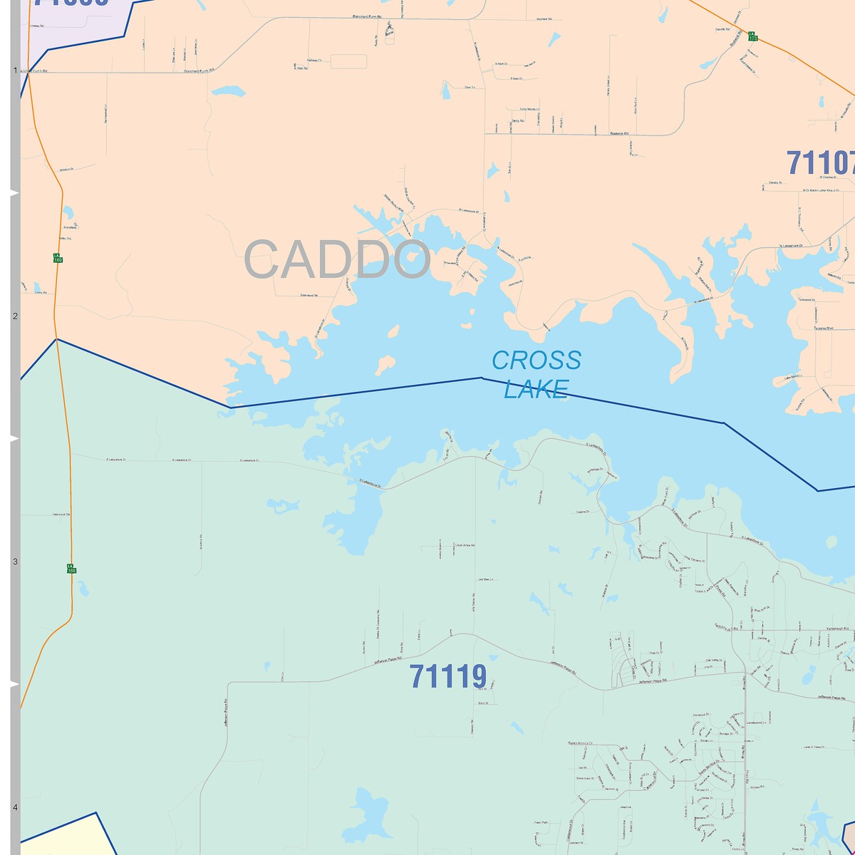 Color Cast Zip Code Style Wall Map of Shreveport, LA – American