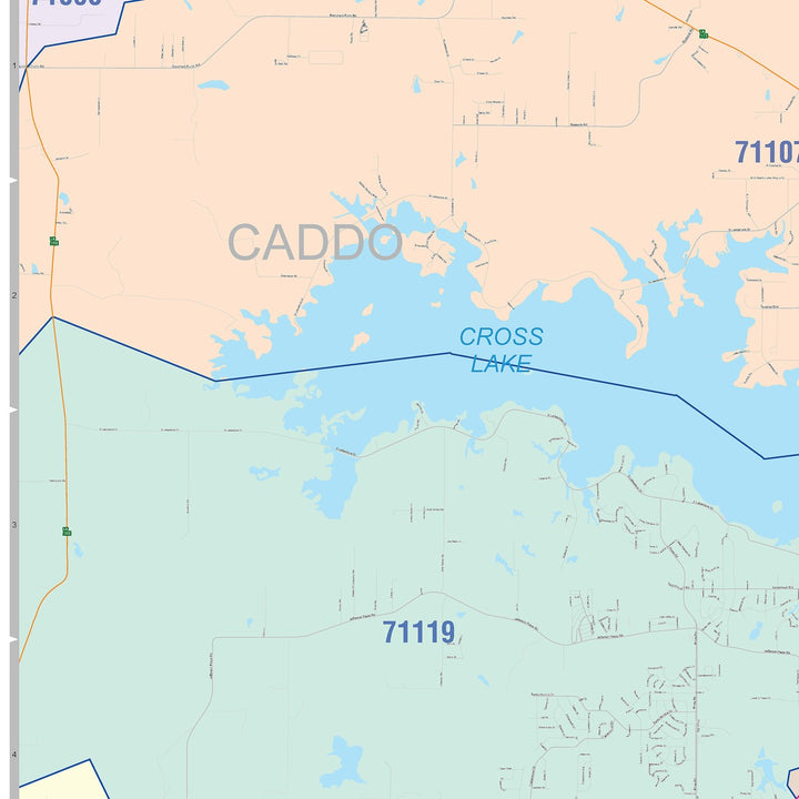 Color Cast Zip Code Style Wall Map of Shreveport, LA