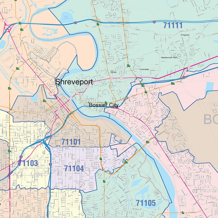 Color Cast Zip Code Style Wall Map of Shreveport, LA