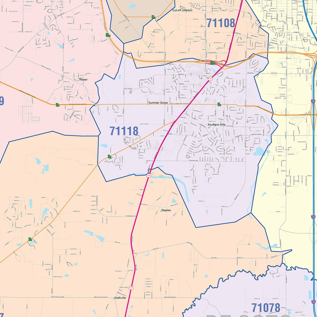 Color Cast Zip Code Style Wall Map of Shreveport, LA
