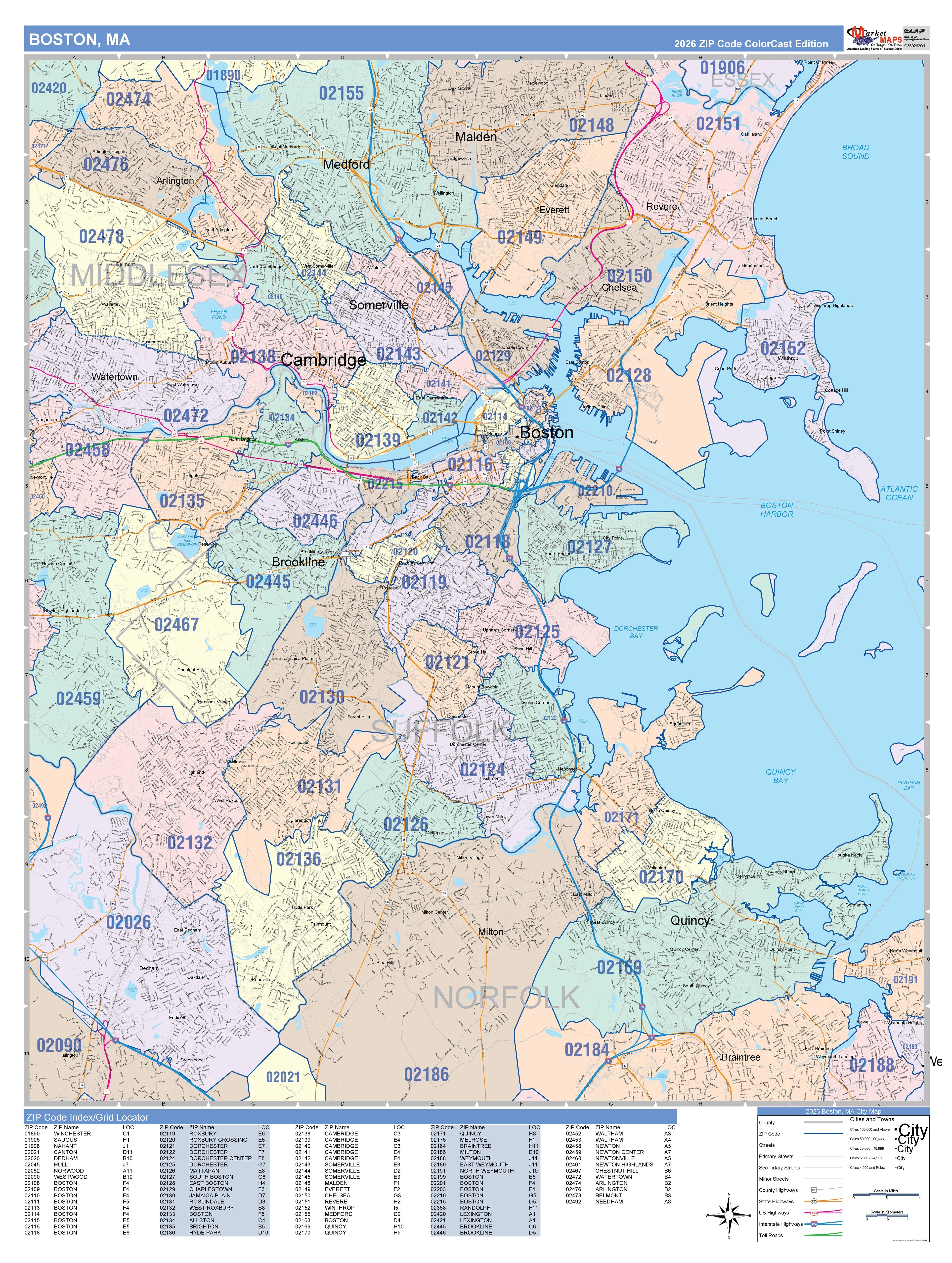 Color Cast Zip Code Style Wall Map of Boston, MA – American Map Store