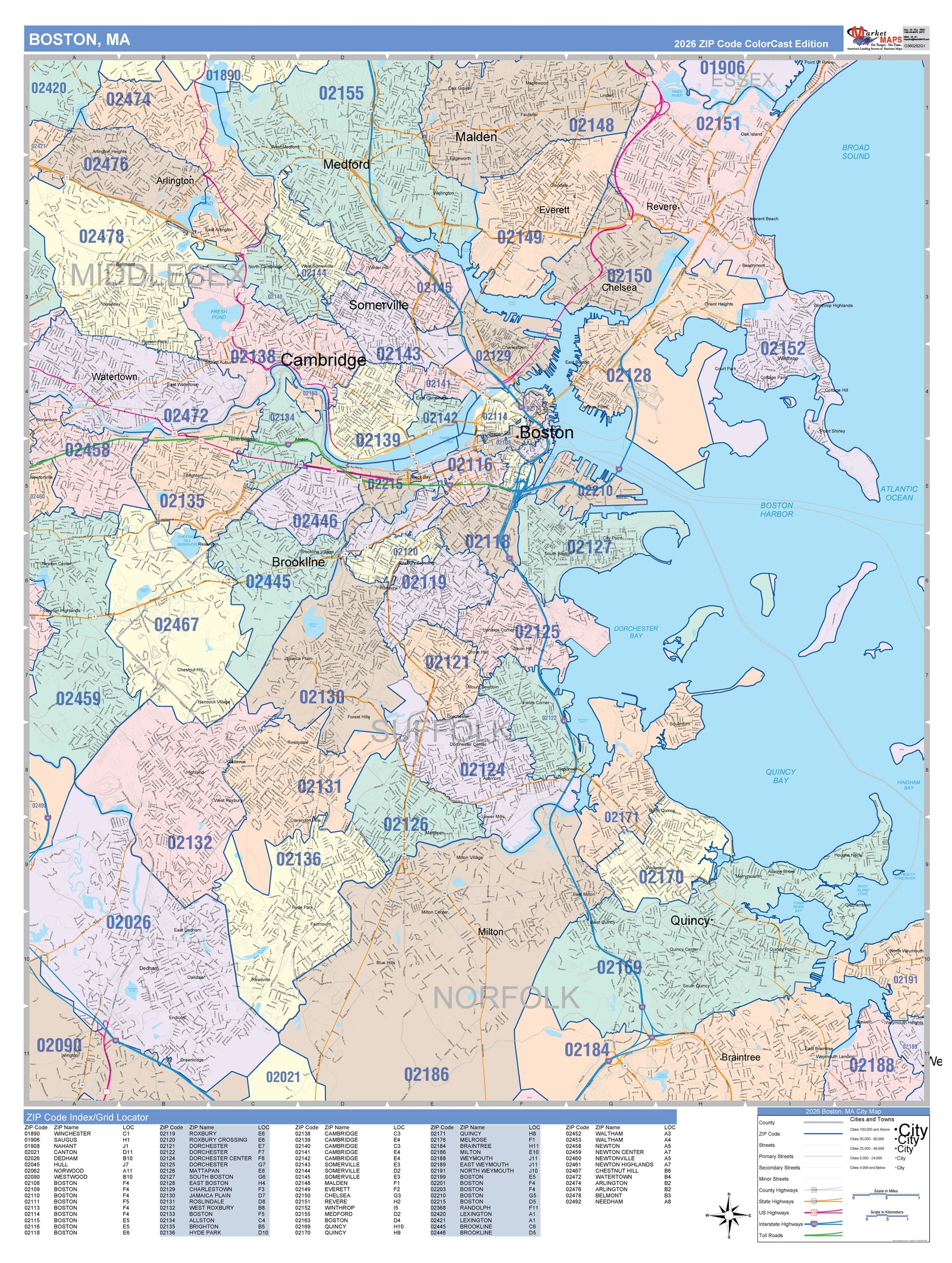 Color Cast Zip Code Style Wall Map of Boston MA