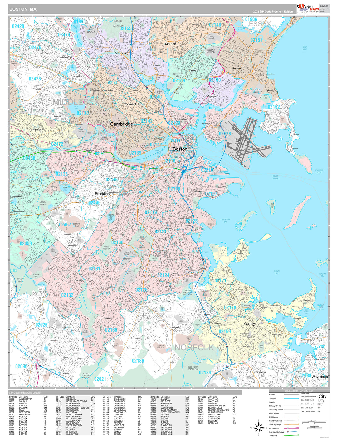Premium Style Wall Map of Boston, MA