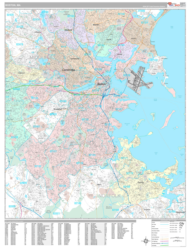 Premium Style Wall Map of Boston, MA