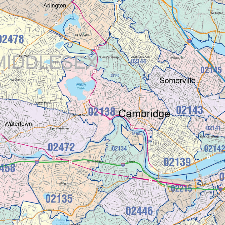 Color Cast Zip Code Style Wall Map of Boston, MA – American Map Store