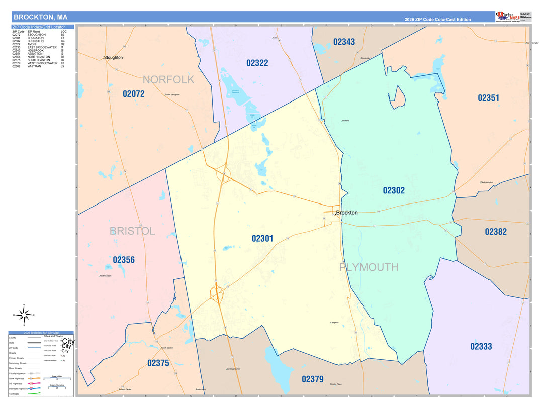 Color Cast Zip Code Style Wall Map of Brockton, MA