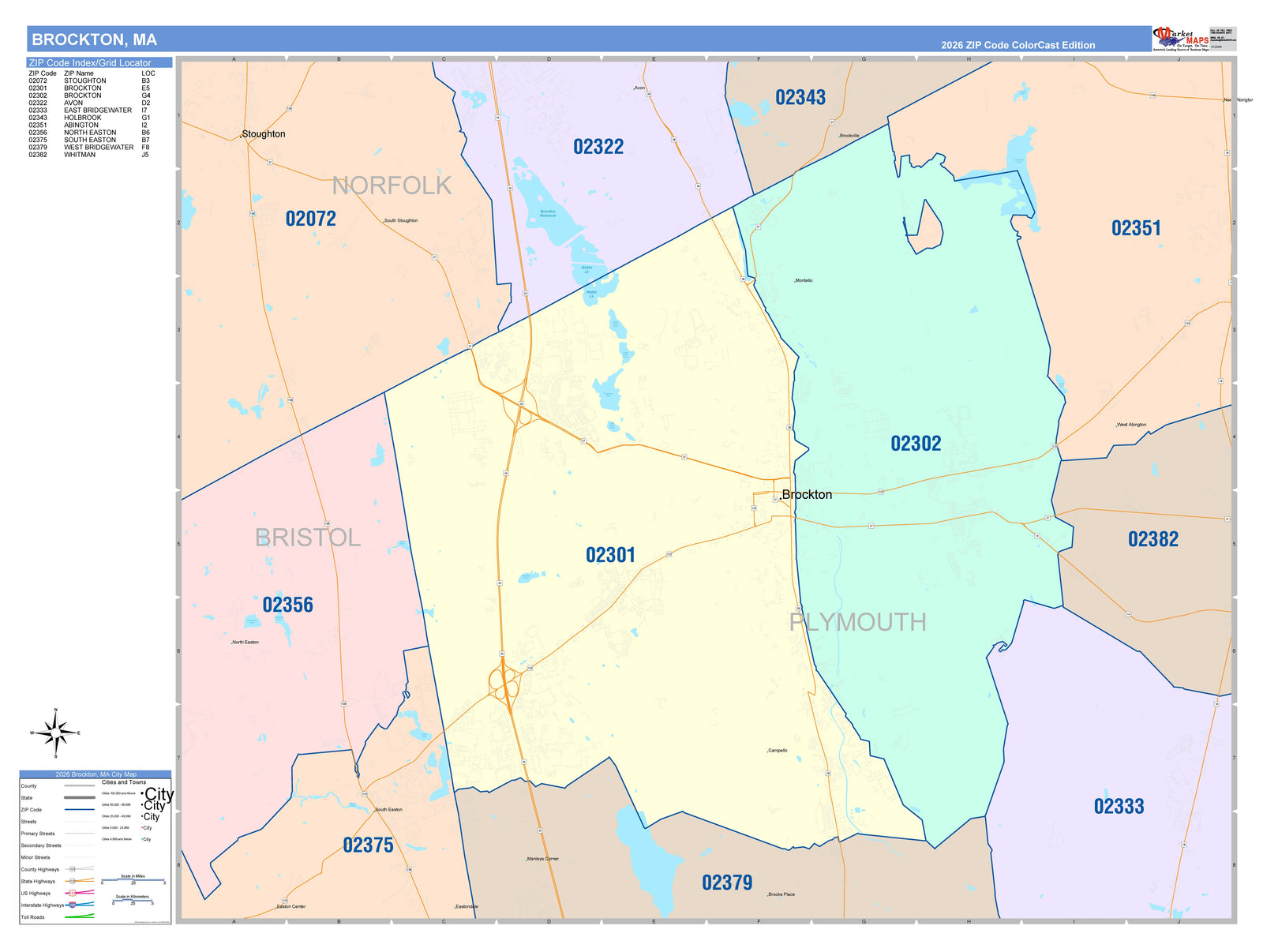 Color Cast Zip Code Style Wall Map of Brockton, MA